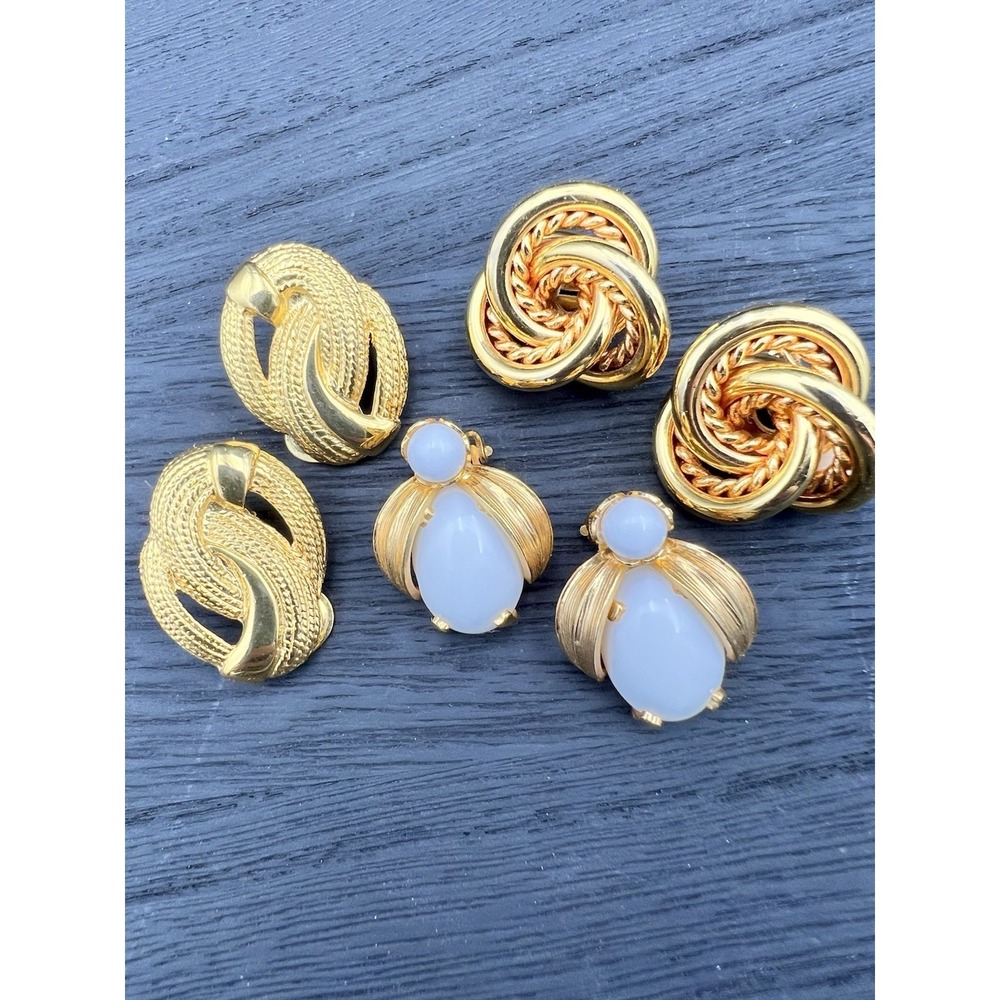 Vintage Gold Tone Clip On Earrings Lot 3  White Cabochon Knot Textured Old Money